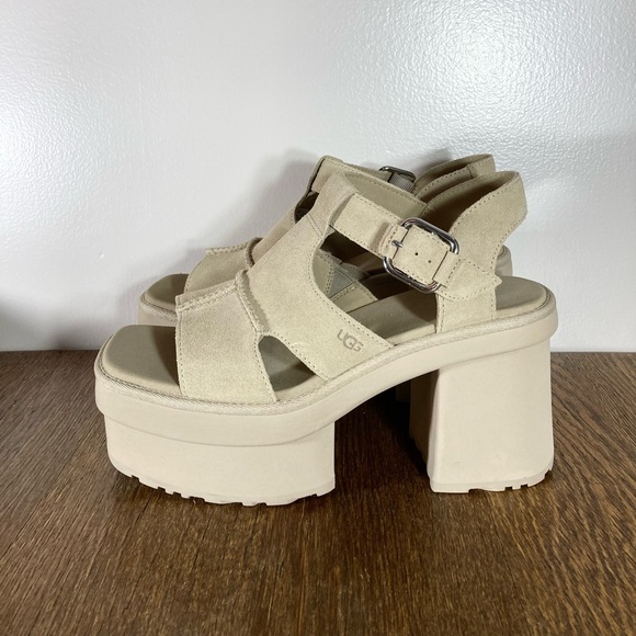 New UGG New Heights Platform T-Strap Sandal in Mustard Seed Women’s Size 9 - Picture 2 of 11